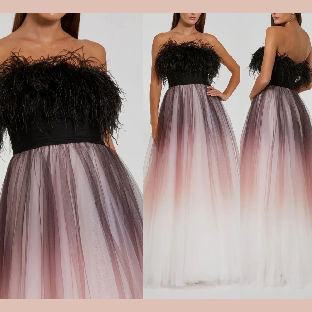 NWT Mac Duggal [ 2 ] 20557 Ombre Strapless Feather Bodice Tulle Gown Black J1684